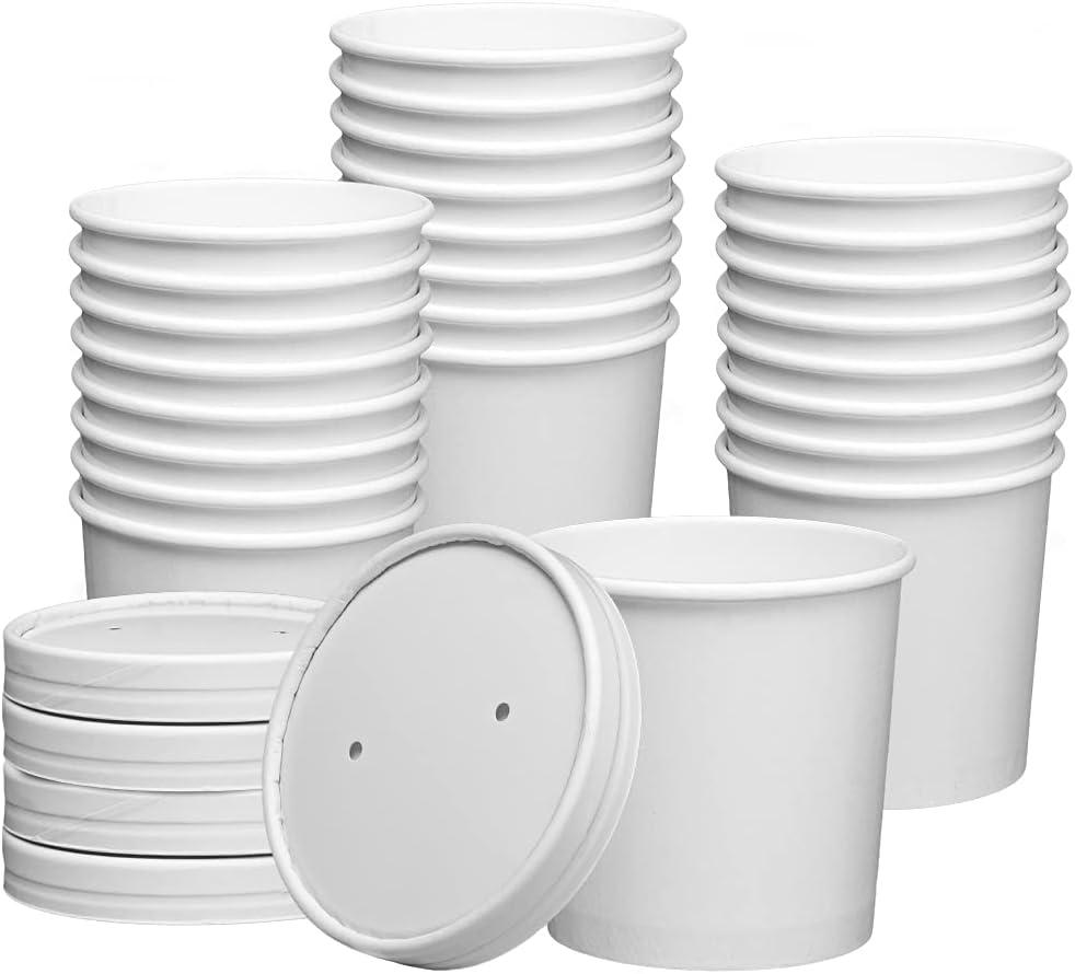 GUSTO [12 oz. - 25 Count White Paper Food Containers with Vented Lids - To Go Hot Soup Bowls, Disposable Ice Cream Cups, Ideal for Hot and Cold Foods - (Formerly Comfy Package)