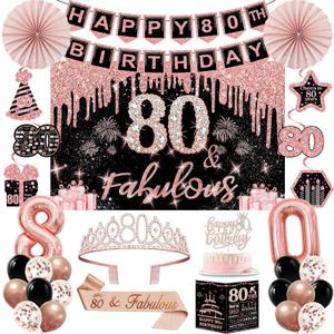 80th Birthday Decorations for Women,32PCS 80th Birthday Party Decorations,Including Backdrop, Crown, Sash, banner, Hanging Swirl,Cake Topper,balloons,Paper Fans,Anniversary Card and paper fans