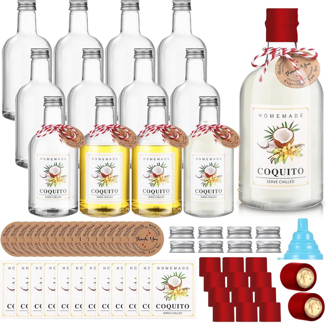 Baderke 12 Set Christmas Plastic Coquito Bottles 16 oz Christmas Bottles with Caps and Tags Xmas Homemade Coquito for Home Brewing Xmas Party Favors (Red)