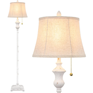 TOBUSA Rustic Vintage White Floor Lamp for Living Room Bedroom, 64inch Traditional Tall Floor Lamp with White Linen Shade, Retro LED Standing Pole Lamp Upright Floor Light for Home Decor, Pull Chain