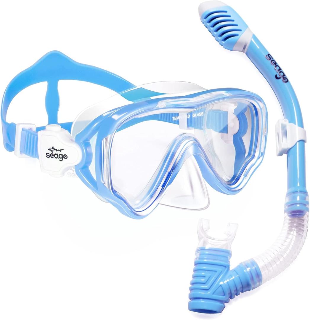 Seago Kids Snorkel Set Dry Top Mask Snorkeling Gear for Boys Girls Youth, No Leak Anti-Fog Clear View Scuba Diving Swim Kit Blue