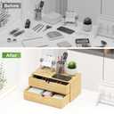 Wisuce Desk Organizer with Drawers - Bamboo Desktop Organizer Storage-Natural Wood Desk Drawers Organizer for Bills, Office Supplies, Cosmetics, Seals No Assembly Required(2 drawers with Shelf)