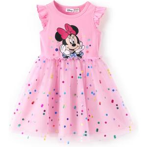 Disney Princess Frozen Elsa Minnie Stitch Toddler Girl Tulle Tutu Dress Ruffle Sleeve Mesh Summer Birthday Party Clothes (8-9 Years)
