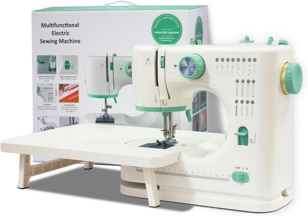 Portable Sewing Machine for Beginners, 16 Built-in Stitches and Reverse Sewing, adjustable sewing speed, small sewing machine with two needle types, foot pedal(with Extension Table)