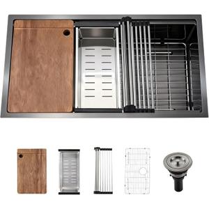 32 Inch Drop In Kitchen Sink, Stainless Steel Single Bowl Undermount Kitchen Sinks, Large Single Bowl Farmhouse Workstation Sinks, Brushed Nickel (Black, 3219)