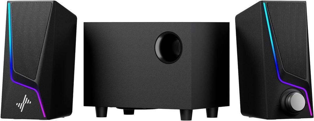 Nylavee Computer Speakers with Subwoofer, 2.1 Hi-Fi PC Speakers System with 6 Lighting Modes, Enhanced Bass, Plug and Play, USB/USB-C Powered and 3.5mm Aux in for Desktop, Monitor, Laptop, Tablet