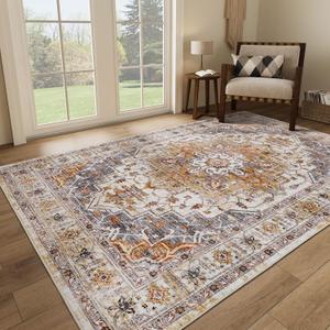 5x7 Area Rugs for Living Room,Stain Resistant Washable Rug,Non-Slip Backing Rugs for Bedroom,Kitchen,Printed Vintage Home Decor Rug (Turmeric/Grey, 5'x7')