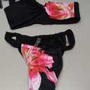 ZAFUL Women's One Shoulder Bikini Twisted Ruched High Cut Bandeau Bikini Set Two Piece Swimsuit, (6-Flower Black, M)