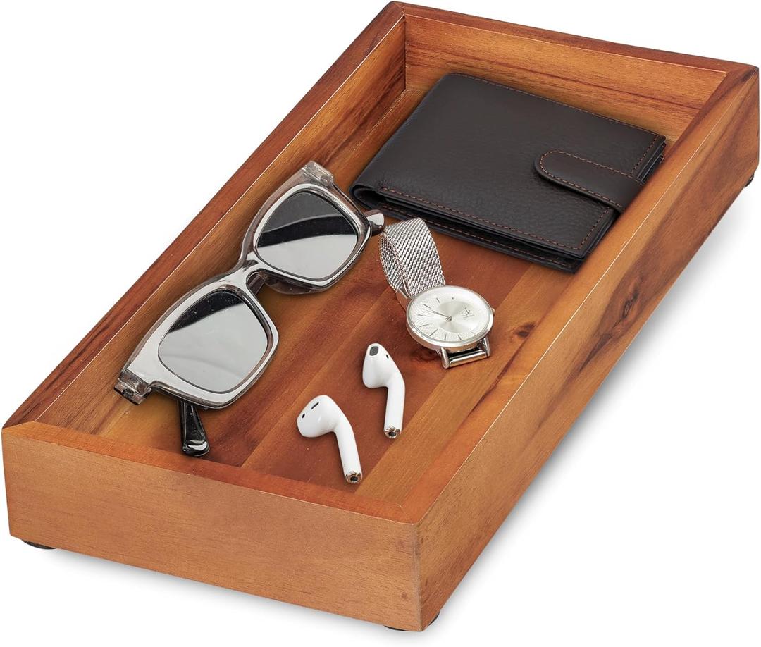 Demigo Acacia Valet Tray, 12.2 x 6 in Men and Women Wooden Catch All Tray for Entryway Table, Bedside Nightstand Organizer, Home Office, Tabletop Storage Vanity for Wallet, Jewelry, Perfume (Brown)