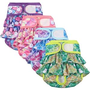 4 Pack Dog Diapers Female Washable Dog Diapers Reusable Puppy Diapers Highly Absorbent Comfortable Doggy Diapers for Dogs in Heat or Excitable Urination (L, Mermaid)
