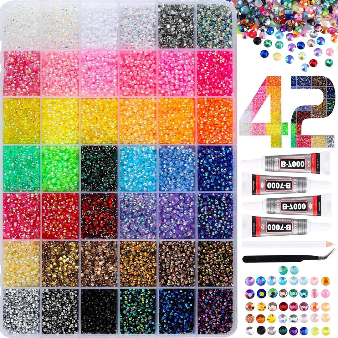 37800pcs Bedazzling Kit with 42 Colors Resin Jelly Rhinestones, 410ml B7000 Jewelry Glue Multicolor 3mm Flatback Sparkling Gems for Nail Art, Crafts, Clothing, Diamond Painting (Set 01)