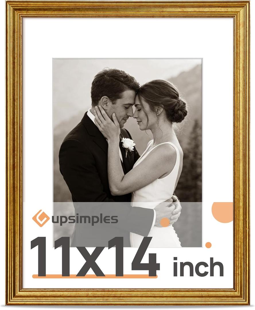 upsimples Vintage 11x14 Picture Frame, Antique Gold Frame Displays 8x10 with Mat or 11 x 14 Without for Vertical or Horizontal Wall Decor, 1pack