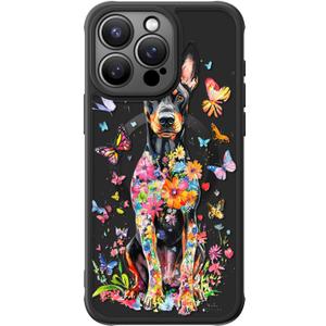 FUNMIKO for iPhone 15 Pro Max Case Wireless Charging & Military-Grade Protection - Cute Floral Design for Women Girls, Non-Slip Matte Cover with Shockproof Corners - Vibrant Doberman