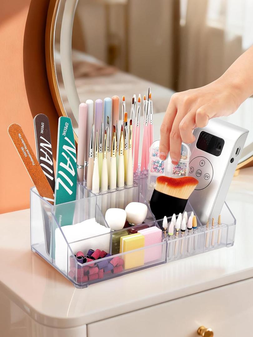 LIARTY Nail Drill Holder: Acrylic Nail Drill Bits Holder Makeup Organizer Case for Brush - Beauty Cosmetic Storage Box for Dresser Countertop and Bathroom Vanity (White without Drawer)