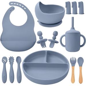 LITTLE RAWR Silicone Baby Feeding Set 14 Pcs, Baby Led Weaning Supplies, Baby Spoons Suction Bowl Divided Plate Bib Cup Finger Brush, First Stage Solid Food Eating Utensils - 6+ Months(Blue Gray)
