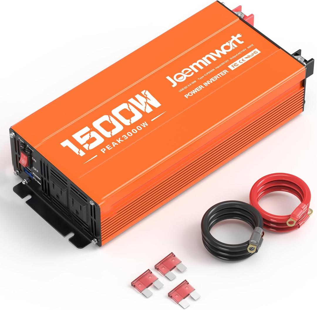 1500W Inverter 12V DC to 120V AC Converter with 2 AC Outlets, QC3.0/PD30W Fast Charging USB Ports, Car Power Inverter Adapter for Vehicles