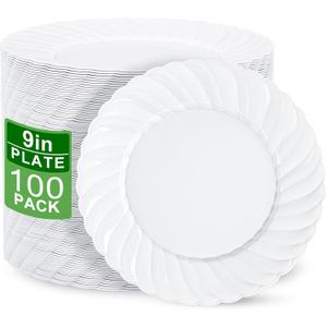 U-QE 100 Pieces White Plastic Plates - 9 Inch White Disposable Plates - Washable & Reusable - Premium Hard Plates - Party Supplies for Party, Celebrations, Travel, Wedding, Party and Events, 9 inch,100 Pack