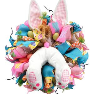16 Inch Easter Bunny Ears Butt Wreath for Front Door, Bunny Thief Carrots Eggs Mesh Deco Wreath for Spring Easter Decoration, Lovely Bunny for Home Decor Porch Door and Wall
