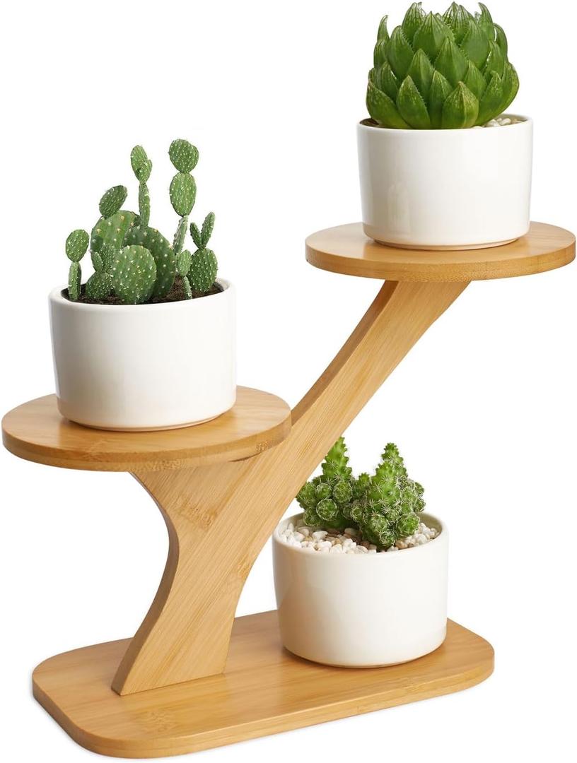 ohohFLOWER Bamboo Plant Stand for Indoor, Small Table Top Plant Stand, 3 Tier Succulent Windowsill Shelf Holders Flower Stand for Home Balcony Garden Patio Lover Gift