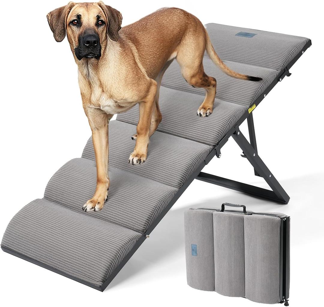 Veehoo Dog Ramp for Bed Couch Height Adjustable from 17" to 23", Foldable Stairs for Dogs to Get on Bed 17" Extra Wide, Portable Pet Doggie Steps Indoor with Non Slip Pad, Support up to 150 lbs (Gray)