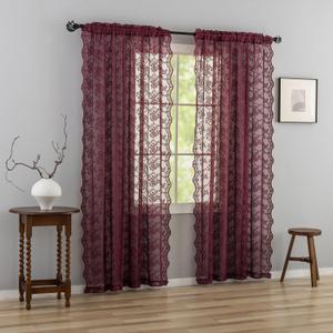 Burgundy Curtains 84 inches Long Vintage Elegant Floral Maroon Sheer Curtains Timeless Lace Christmas Curtains for Living Room Bedroom Privacy 7 FT 52 in. W x 84 in. L (Set of 2) Deep Merlot