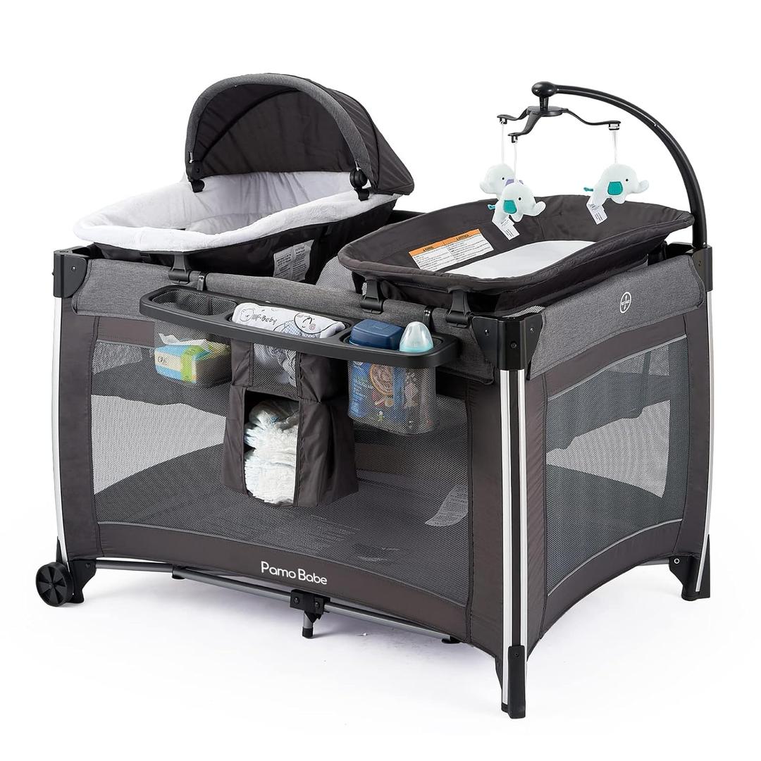 Pamo Babe 4 in 1 Portable Baby Crib Deluxe Nursery Center, Foldable Travel Playard with Bassinet, Mattress, Changing Table for Newborn, Infant, Toddler(Grey)