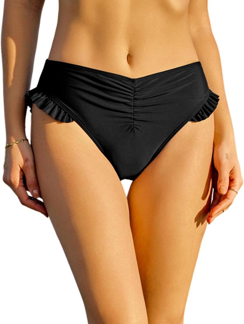 ZAFUL Women Ruffle Bikini Bottom Ruched Full Coverage Swim Briefs (Large, 0-black)