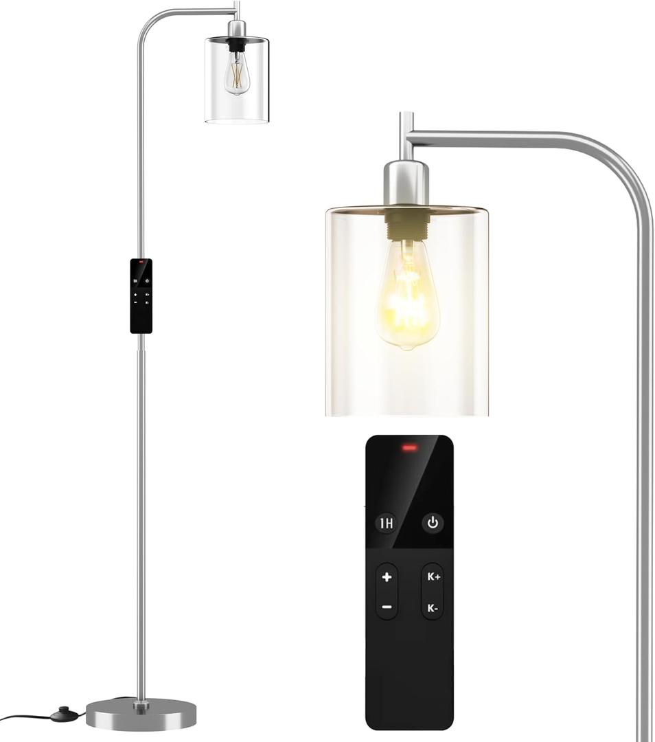 Wio-Mio Industrial Floor Lamp with Glass Shade, Modern Dimmable Floor lamp with Remote LED Bulbs, Tall Lamp for Living Room Corner, Bedroom, Office (Brushed Nickel)