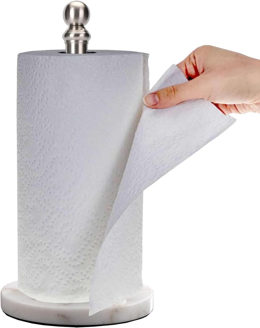 Paper Towel Holder Countertop with Heavy Marble Base, Standing Paper Towel Roll Holder for Kitchen Bathroom, with Weighted Base for One-Handed Operation (Brushed Nickel)