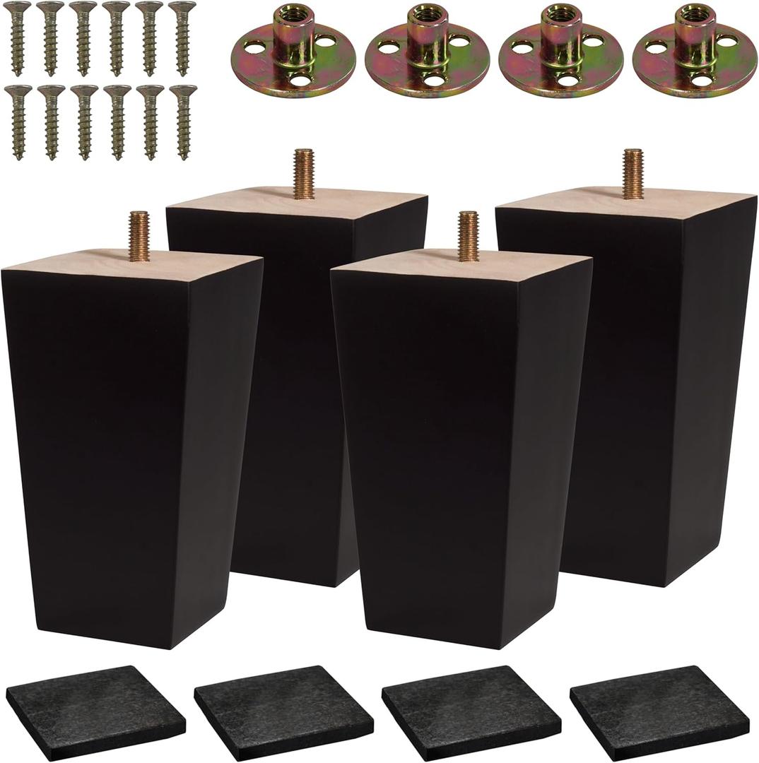 BARIEN (5 Sizes: 3"- 4"- 5"- 6"- 8") Set of 4 Wood Furniture Legs - Square Sofa Legs, Couch Leg - Brown Mid-Century Modern Replacement Legs for Armchair Recliner Coffee Table Dresser (5")