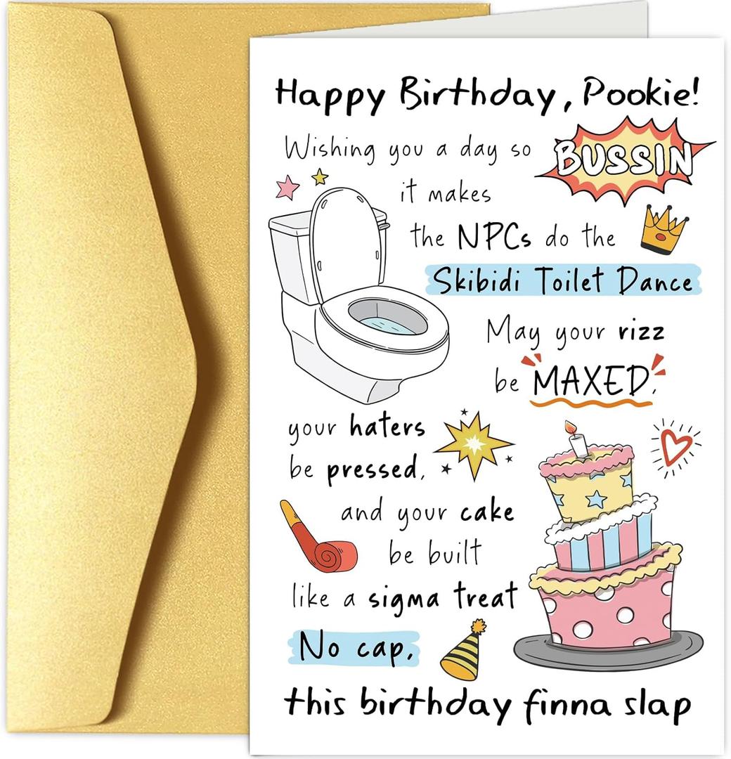 Chenive Funny Gen-Z Birthday Card for Boy Girl Teen Teenager, Pookie 13th 14th 15th 16th 17th 18th Birthday Card for Friends Sister Brother, Skibidi Toilet Bday Cards Decorations & Gifts