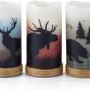 CANDLE IDEA 3PCS Battery Operated Real Wax Pillar Candles with Charming Deer,Moose, Bear Decals,Flameless Flickering LED Candles with Hemp Rope and 6H Timer,Rustic Home Decor for Christmas (D3 x H6)