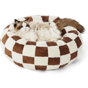 LE SURE Donut Cat Beds for Indoor Cats - Gift for Pets with Washable Cover, Cute Modern Puppy Beds with Jacquard Shaggy Plush & Anti Slip Bottom, 20 Inch, Brown