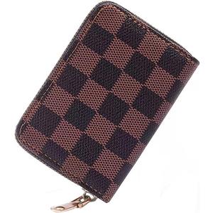 Ladies change card bag, zip storage bank card bag, small portable 11 large capacity storage bag, put banknote change credit card bag (Brown checkered pattern)