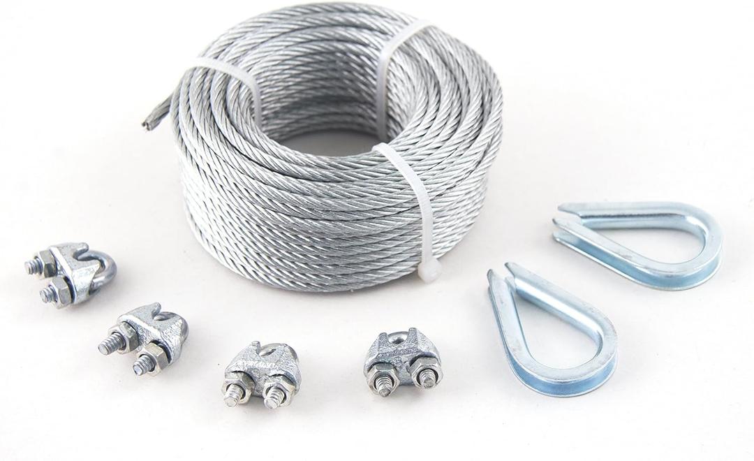504711 1/8-inch x 50 ft Galvanised Steel 7 x 19 Aircraft Cable Metal Wire Rope Kit with 400 lb. Safe Working Load (Includes x4 1/8-inch Wire Rope Clips and x2 1/8-inch Wire Rope Thimbles)