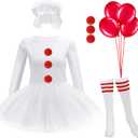 Halloween Clown Costume for Women Tutu Skirt Ruffle Collar Stripes Thin Tube Socks Faux Rabbit Fur Balls Red Latex Balloons (Medium, White)