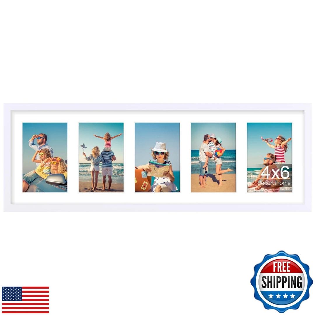 decorUhome 8x24 Picture Frames Collage Wall Decor, Display 5Pcs 4x6 Photos with Mat or 1Pcs 8x24 Unmatted, 5 4x6 Collage Picture Frames for Wall Mounting, White