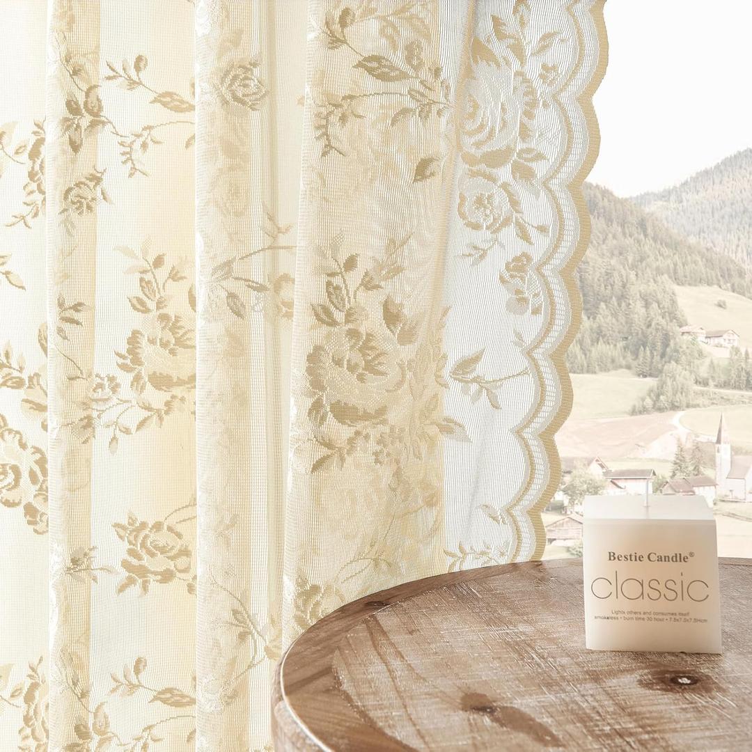 SEEKRIGHT Beige Lace Curtains 84 Inches Long Victorian Floral Sheer Curtains for Living Room Bedroom Decor Drapes Rod Pocket Light Filtering French Window Curtains 2 Panels Set for Dining Room, 52x84