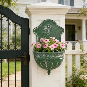 Vintage Distressed Green Metal Wall Planter, Rustic Hanging Pocket Planter with Scrollwork & Scalloped Design, Farmhouse Wall Decor for Indoor & Covered Outdoor Garden, Porch & Entryway