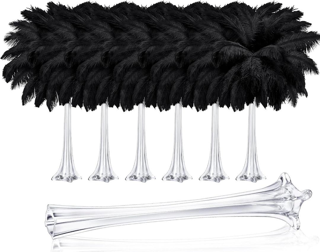 meekoo 6 Pcs Eiffel Tower Vases for Centerpieces with Ostrich Feathers 20 Inch Tall Skinny Clear Glass Extra Large Long Flower Vase for Wedding Flower Arrangement Home Decoration(Black)