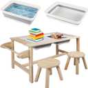 Kids Sensory Bins Table with 2 Stool, Multifunctional Children Interactive Activity Wooden Table Set for 1-3 Years, Drawing Table Play Sand & Water with Storage Bins Lid