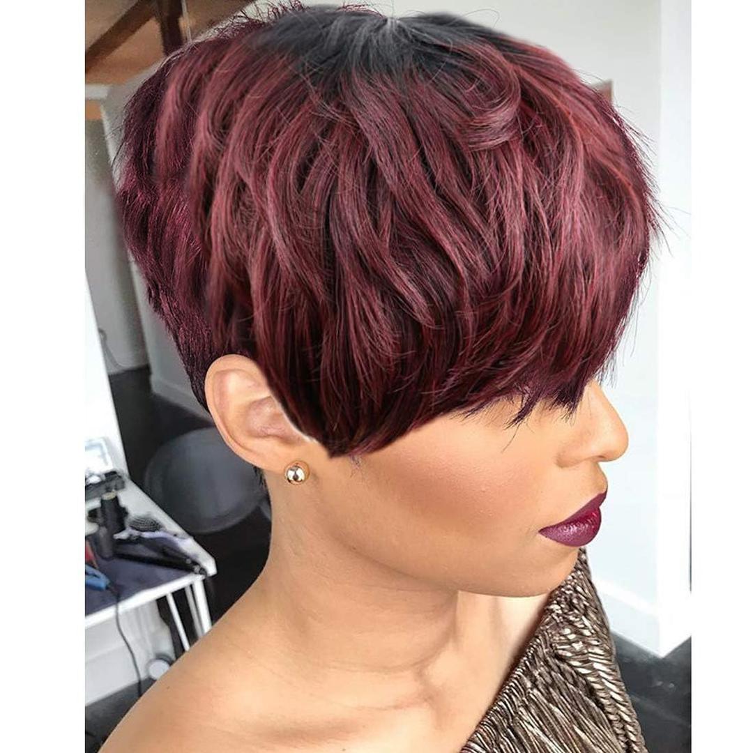 Pixie Cut Human Hair Wigs with Bangs Ombre red Color Wigs Cute Brazilian Short Black and Burgundy Layered Wavy Wigs for Women 1B/99j Color