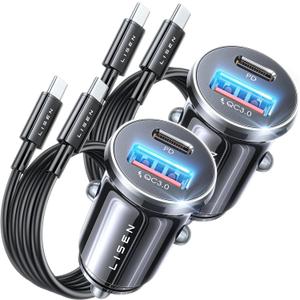 LISEN Super Fast iPhone 16 Car Charger USB C [99% Alloy + Turbo Cables],2 Pack 54W iPhone 15 Type C Car Charger Fast Charging Cigarette Lighter Adapter for iPhone 16e Pro Max Plus/15,Samsung S25 Ultra