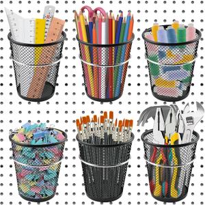 6 Set Pegboard Cups with Ring Hooks, Metal Pegboard Bins, Pegboard Cup Holder Pegboard Hooks for 1/4" Peg Board, Pegboard Accessories for Organizing Storage, Black