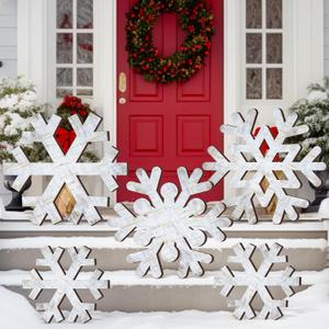5 Pcs Large Winter Rustic Wooden Snowflake Decorations - Christmas Snowflakes Porch Standing Xmas Yard Signs for Front Door Garden Yard Patio