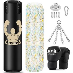 Filled Punching Bag for Adults, 4FT PU Leather Hanging Bag with 11lb Sponge Filler, Come with 12OZ Gloves, Kicking Bag Heavy Bag Boxing Equipment for Training Karate Kickboxing Home Gym