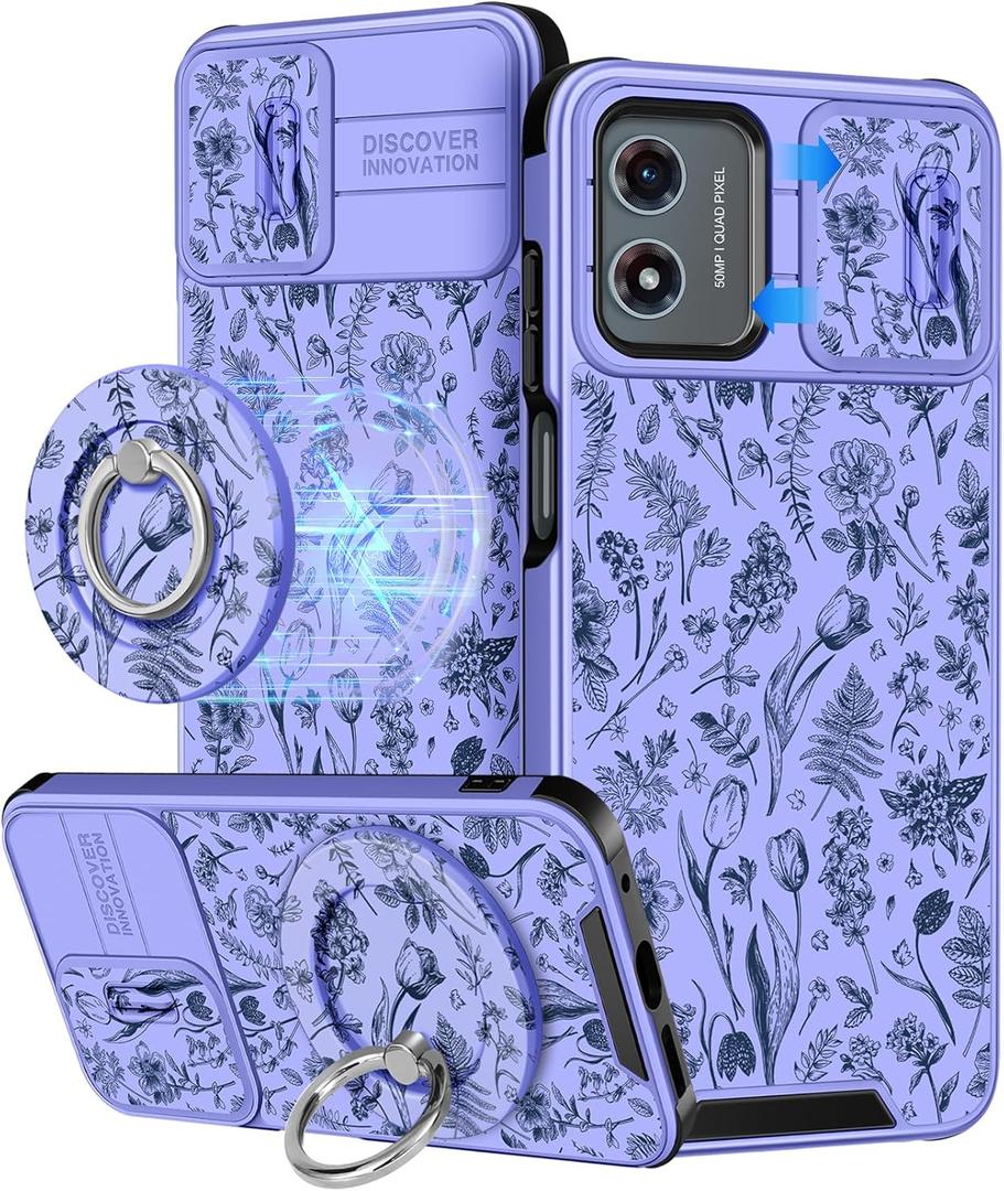 Buleens for Moto G Play 2024 Case 4G - with Ring Stand & Camera Cover Aesthetic Cute Designed for Women Girls Kawaii Flowers Floral Girly Phone Case for Motorola G Play 2024 4G Compatible with Magsafe