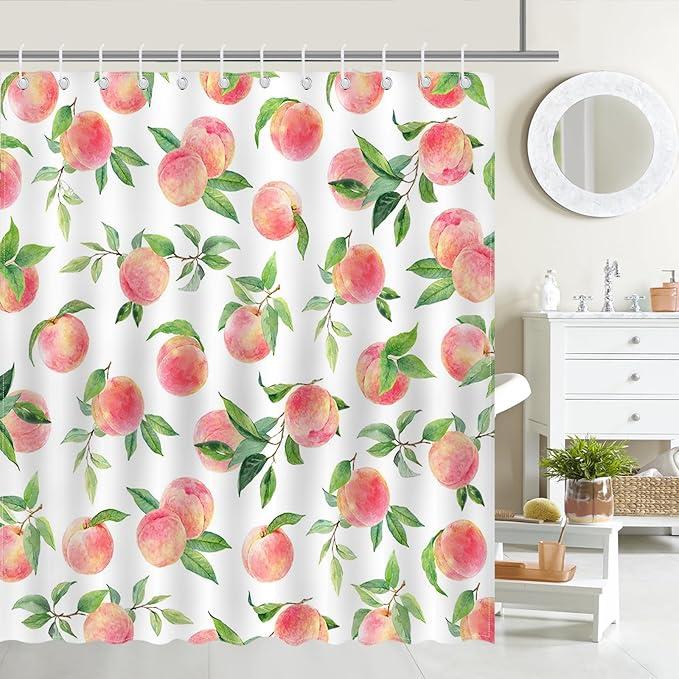 Mocsicka Peach Shower Curtain Cute Fruits Bathroom Shower Curtain Peach Waterproof Fabric Shower Curtain Bathtub Decor with 12 Hooks 72 X 72 Inch