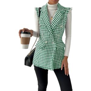 WDIRARA Women's Houndstooth Print Sleeveless Lapel Raw Trim Button Front Long Vest Jacket, Size S (Green)