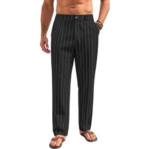 Mens Linen Pants Lightweight Casual Pants Straight-Legs Loose Fit Summer Beach Yoga Trousers with Pockets (3X-Large, Black-1)